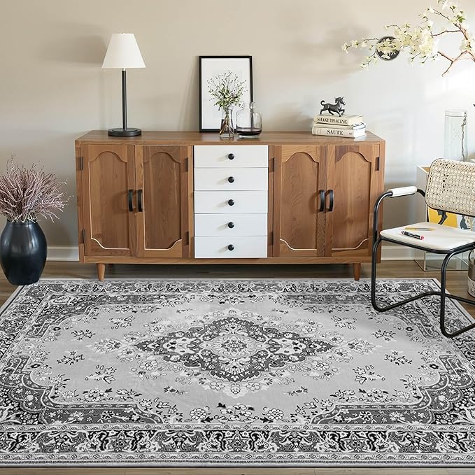 CRYPTOLITE Vintage Area Rug 5x8 Rugs, Machine Washable Vintage Area Rug Non-Slip Low Pile Large Rug for Living Room, Bedroom, Farmhouse, Dining Room, Grey