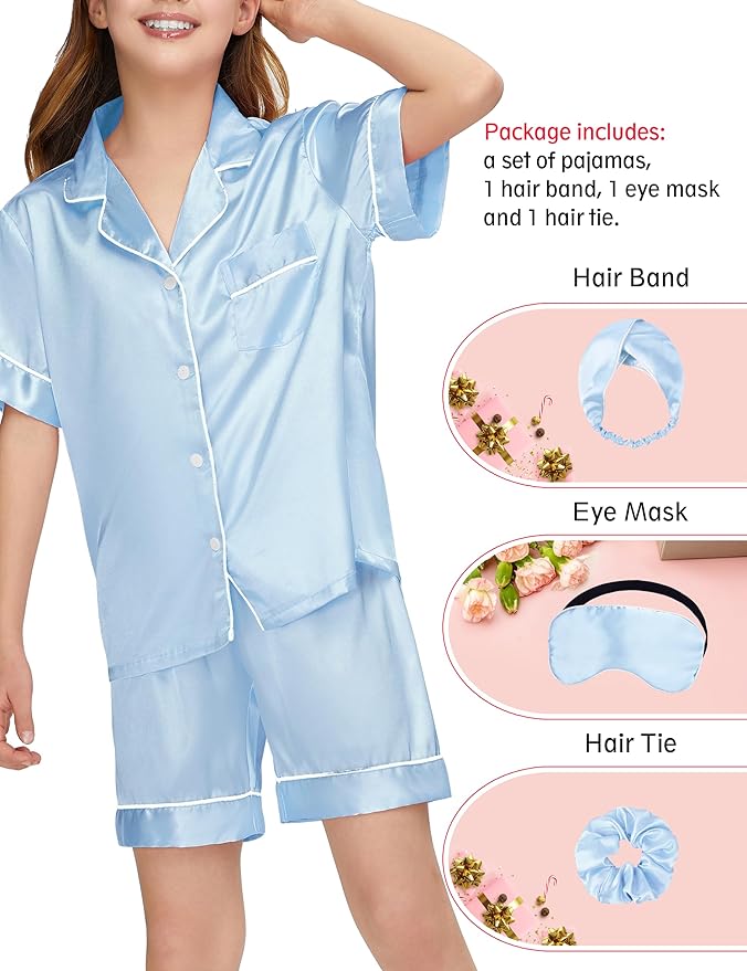 EPLAZA Kids Satin Pajamas Sets Girls Boys Button-Down Silky Pajamas Sleepwear with Hairband Eye Mask Hair Tie