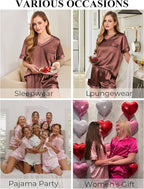 Silk Pajamas for Women Short Sleeve Satin 2 Piece Pj Set Soft V Neck Sleepwear Loungewear, S-XXL