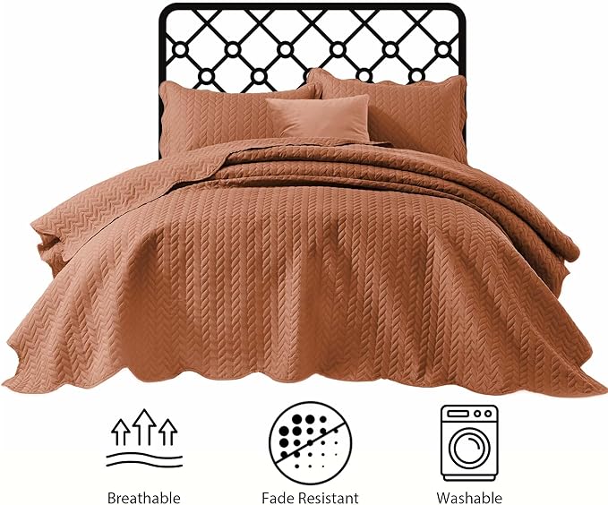 IR Imperial Rooms Queen Quilt Bedding Set Size (90" x 96") + 2 Pillow Shams (20" x 26"+ 2") - 3 Pcs All Season Lightweight Reversible Microfiber Coverlet Embossed Quilt Bedspread (Rust)