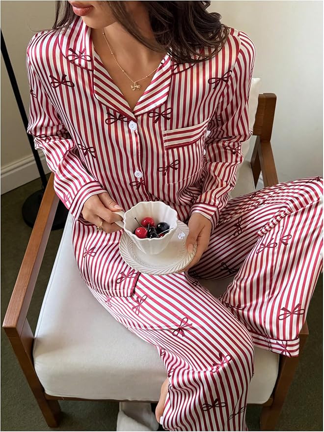 WDIRARA Women's 2 Piece Bowknot Print Satin Pajama Set Long Sleeve Button Down Lounge Pants Sleepwear Sets