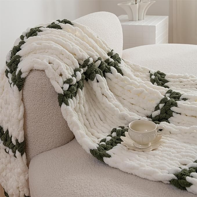 Luxury Chunky Knit Blanket Throw, Handmade Thick Chenille Yarn Throw 50x60, Cable Knit Crochet Blanket, Decorative Cozy and Soft Crochet Throw Blanket for Couch Home Decor