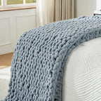 YAAPSU Chunky Knit Throw Blanket for Couch, 51"x63", 100% Hand Knitted Thick Cable Knit with Cozy Jumbo Chenille Yarn, Soft Large Rope Knot Crochet Blankets for Sofa Bed Living Room Décor, Fog Blue