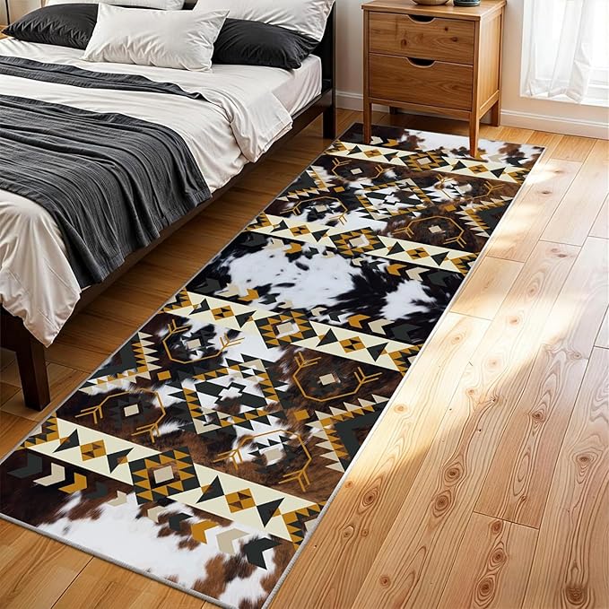 Country Long Hallway Cow Print Rug,2x8ft,Faux Cowhide Animal Print Southwestern Runner Rug,Western Aztec Tribal Decor Rustic Runner Rugs, Non-Slip Washable Floor Mat for Kitchen Bedroom