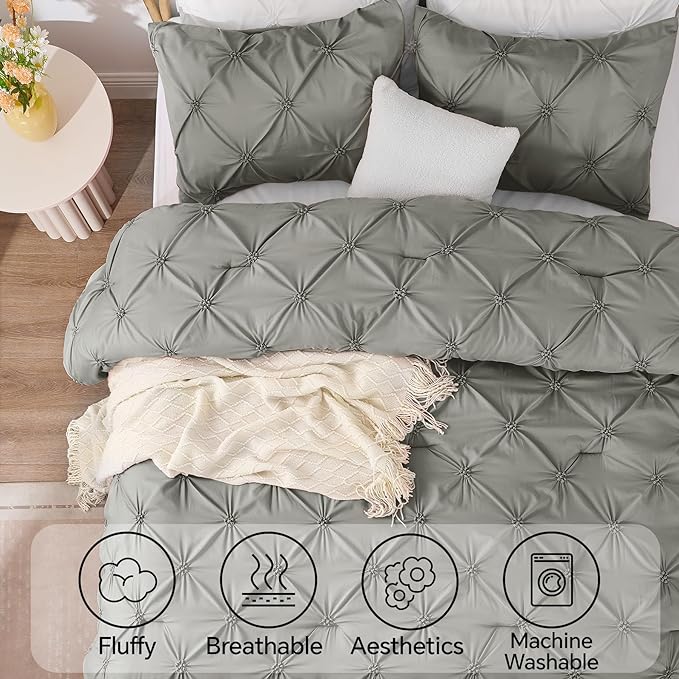 BEDELITE Grey Twin Comforter Set - 2 Peices Boho Pintuck Bedding Comforter Sets, Lightweight Soft & Warm Twin Bedding Sets with 1 Pillowcase for All Season