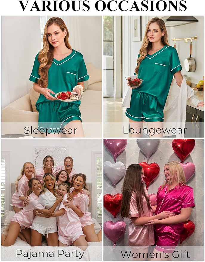 Silk Pajamas for Women Short Sleeve Satin 2 Piece Pj Set Soft V Neck Sleepwear Loungewear, S-XXL