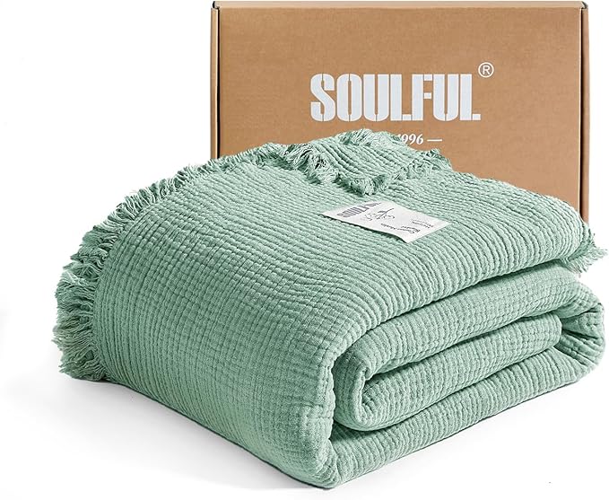 SOULFUL Muslin Throw Blanket with Tassels - Soft King Size Cotton Throw Blanket for Couch or Bed, Lightweight and Breathable Gauze for All Seasons, LightChampagne, 108" x 90"
