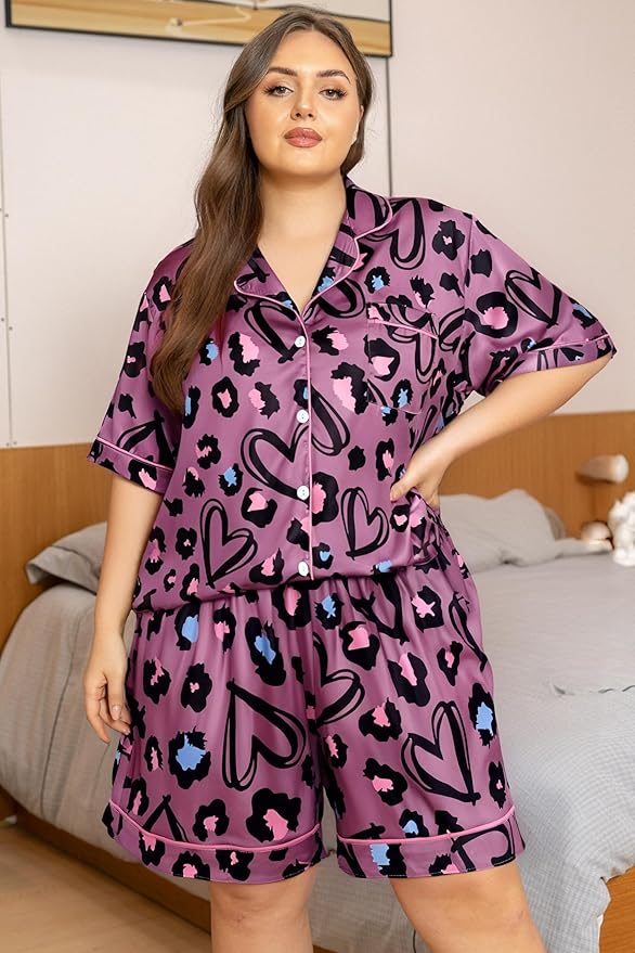 Vozanet Women's Short Sleeve Satin Pajama Sets Silky Ladies Button Down Loungewear Plus Size Nighty Shorts Sets XL to 5XL