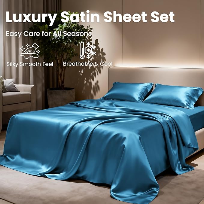 Love's cabin Twin XL Satin Sheet Sets - 3 Piece Teal Silky Bed Sheets with Deep Pockets, Luxury Silk Feel Satin Sheet Set Twin XL (1 Flat Sheet,1 Fitted Sheet,1 Pillow case)