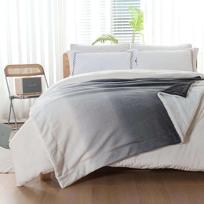 Elegant Comfort Throw Blanket, Reversible Sherpa Flannel, Ultra-Soft, Fuzzy, Cozy and Plush- All Season Lightweight Decorative Throw, 50 x 60 inches, Ombre Design Sherpa Throw, Gray