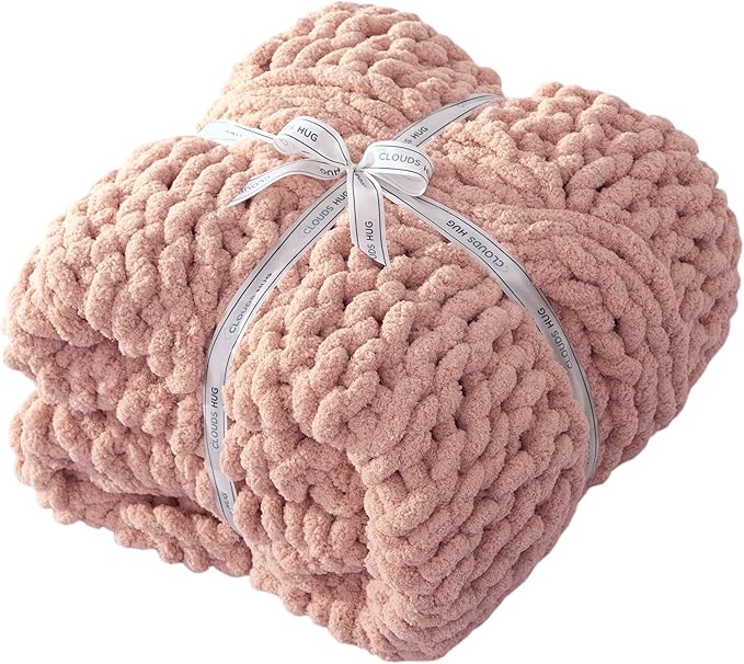 Chunky Knit Blanket Throw - 100% Hand Knitted Chunky Soft Throw Blanket for Couch, Thick and Warm Blanket for Winter, Pink, 50x60 Inches