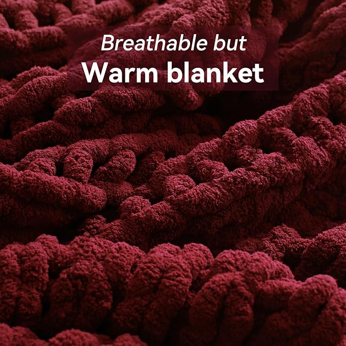 Negwoo Chunky Knit Throw Blanket, 50''*60'' Knitted Throw Chenille Yarn for Bed Couch, Handmade Red Crochet Big Thick Blanket, Machine Washable Cute Comfy Blanket for Home Decor
