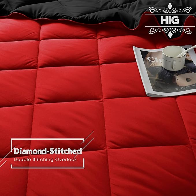 HIG 3pc Red Queen Size Comforter Set-All Season Reversible Down Alternative Comforter with Two Shams -Quilted Duvet Insert with Corner Tabs - Diamond Stitched Blanket - Breathable, Soft, Fluffy