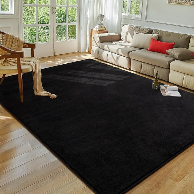 Softlife Area Rug for Bedroom Living Room, Solid Black Non-Slip 5x7 Fluffy Carpet with Soft Low Pile for Kids Boys Girls, Machine Washable Fuzzy Aethetic Rugs Home Dorm Decor