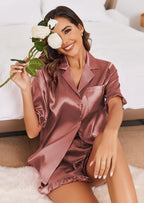 Ekouaer Satin Pajama Set for Women Button Down Silk 2 Piece Pj Sets Ruffle Short Sleeve Sleepwear