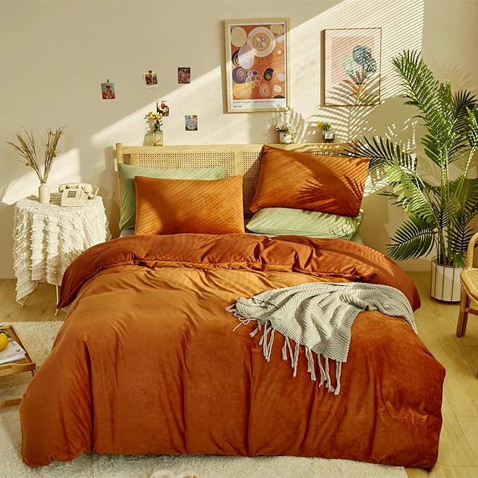 Luxlovery Burnt Orange Fluffy Comforter Set King Rust Caramel Plush Velvet Bedding Comforter Sets Winter Warm Comfy Soft Rust Orange Reddish Brown Sherpa Micromink Bedding Comforter Set
