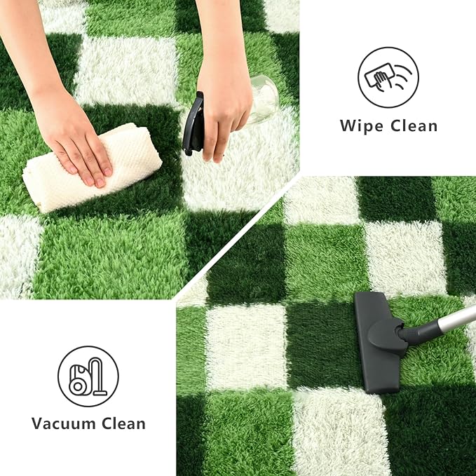 Shag Area Rug, 6x9 ft Deep Green White Fluffy Rugs for Bedroom Living Room, Soft Shaggy Modern Indoor Carpets, Cute Plush Rugs for Kids Girls Room Nursery, High Pile Throw Rug for Home Decor
