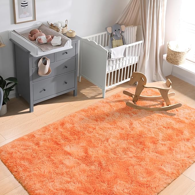 Softlife Orange Area Rug for Bedroom, Fluffy Shag Plush Shaggy 4x6 Rugs for Living Room Girls Kids, Throw Soft Fuzzy Tie Dyed Small Carpet for Dorm Bedside Ultra Cozy Non-Slip Indoor Decor