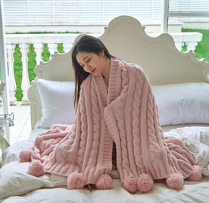 Chenille Chunky Knitted Throw Blanket with 14 pcs Pom Poms Tassel Super Soft Cozy Warm Blanket for Sofa Bed Soft Couch 50 x60 inches (Pink)?-¡­
