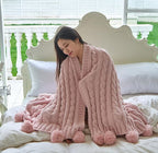 Chenille Chunky Knitted Throw Blanket with 14 pcs Pom Poms Tassel Super Soft Cozy Warm Blanket for Sofa Bed Soft Couch 50 x60 inches (Pink)?-¡­