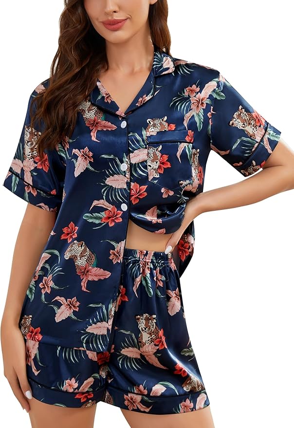 SWOMOG Womens Silk Satin Pajamas Set Short Sleeve Sleepwear Button Down Top and Shorts Loungewear 2 Piece Pjs Set XS-3XL