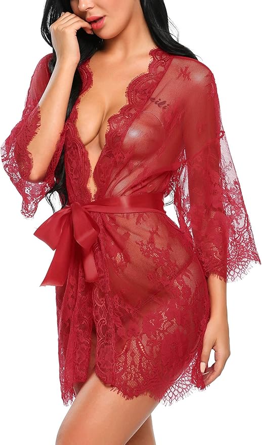 Avidlove Women's Lace Kimono Robe Babydoll Lingerie Mesh Nightgown S-5XL