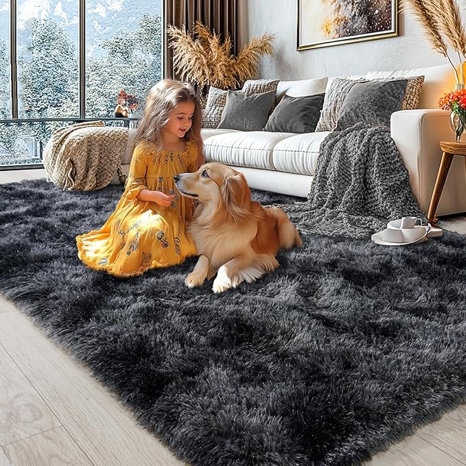 KING DARE 6x9 Area Rugs for Living Room Tie-Dyed Black Gray Rug, Fluffy Shaggy Fuzzy Plush Furry Large Floor Carpet, Anti-Slip Washable Modern Soft Rug for Bedroom Girls Boys Room Indoor