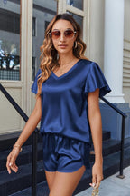 Ekouaer Women Satin Pajamas Set Ruffle Sleeves Silk Pj Set Soft V Neck Sleepwear Loungewear