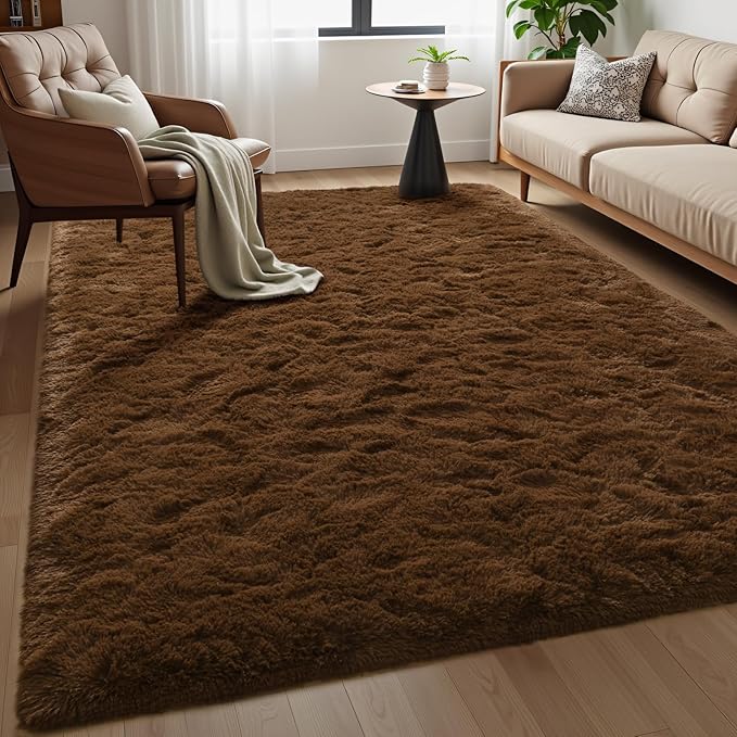 Macgace Fluffy Area Rugs for Bedroom Decor Aesthetic, 4x6 Brown Shag Rug with Non-Slip Dots for Living Room, Furry Plush Mat Washable Fuzzy Carpet Modern Home Decor for Kids Nursery Teens Room