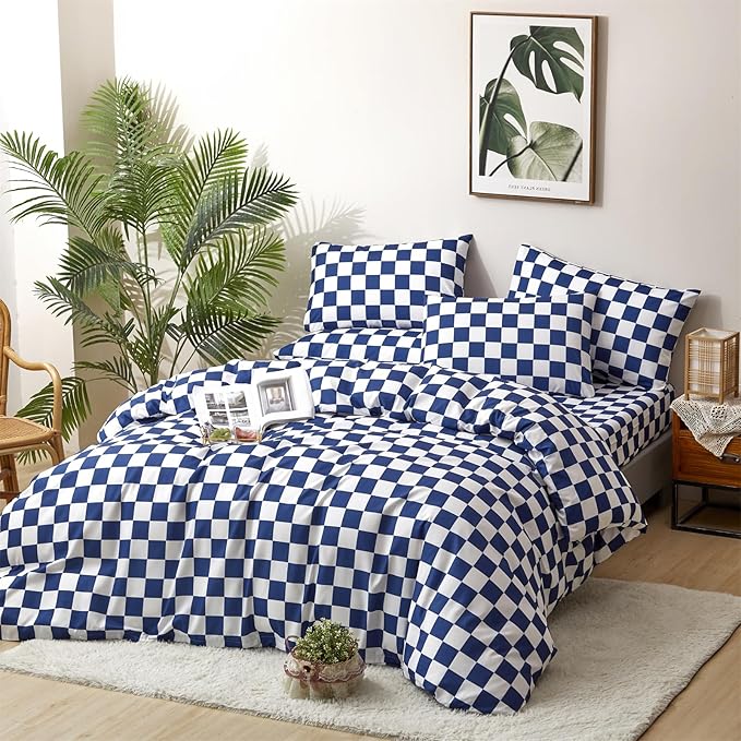 CLOTHKNOW Blue White Plaid Full Size Comforter Set Grid Bedding Comforter Sets Soft Blue Comforter with 2 x Pillow Cases