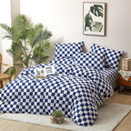 CLOTHKNOW Blue White Plaid Queen Comforter Set 3Pcs Grid Bedding Comforter Sets Checkerboard Comforter Royal Blue White Comforter with 2 x Pillow Cases