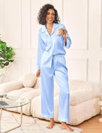 Ekouaer Womens Silk Satin Pajama Sets 2 Piece Sleepwear Pjs Set Long Sleeve Button Down Top and Pants Stripe Loungewear S-XXL