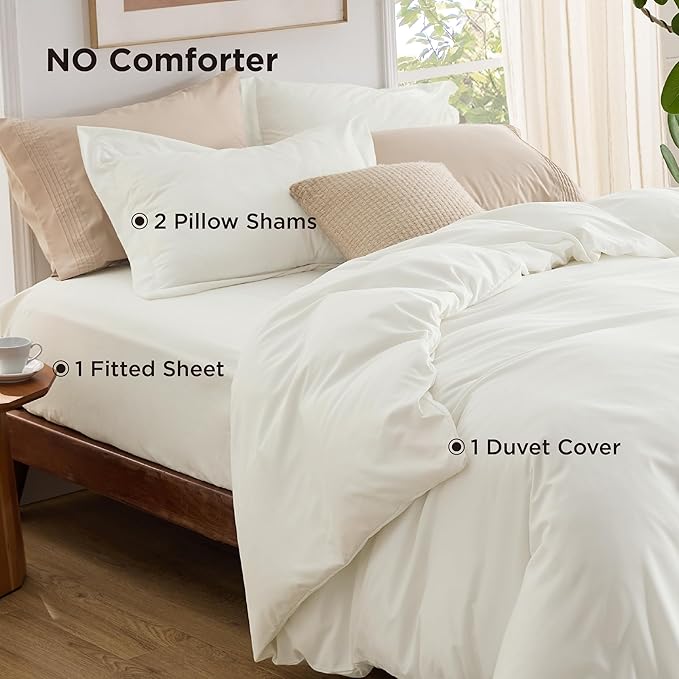 Bedsure Duvet Cover with Fitted Sheet King - Deep Pocket, Hotel Luxury Soft Double Brushed Bedding Set with Zipper Closure, 1 Duvet Cover, 1 Fitted Sheet, 2 Pillow Shams, NO Comforter, Cream White