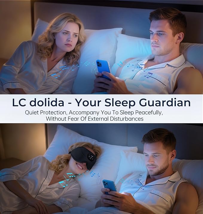LC-dolida Bluetooth Sleep Mask with White Noise，Sleep Headphones,Bluetooth Wireless Music Eye Mask, Ideal for Travel, Night Work, Napping, Side Sleeping and Office Use for Both Men and Women