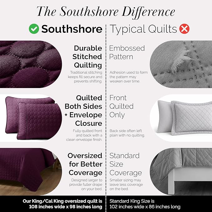 Southshore Fine Living, Inc. Oversized Quilts for King Bed, Lightweight Quilt Bedding Set, Soft Coverlet, 3-Piece Bedspread Set with Two Matching Quilted Pillow Shams, King/California Size, Purple