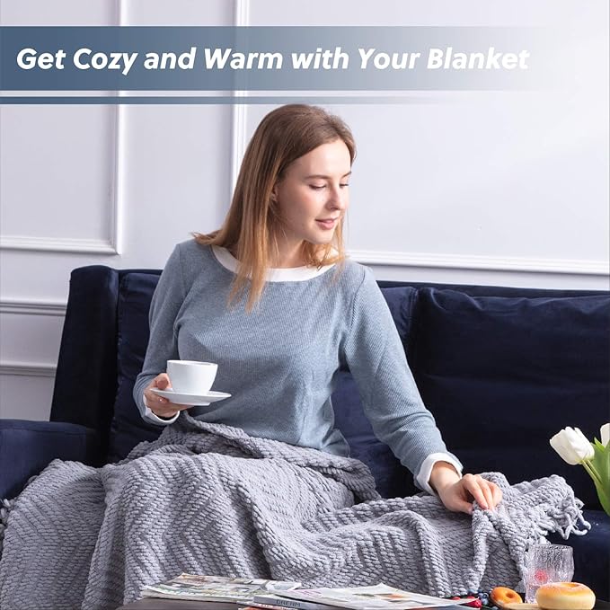 Bedsure Throw Blankets for Couch - Textured Chunky Knit Woven Chenille Blanket - Super Soft, Warm Decorative Boho Throw with Tassels for Bed, Sofa and Living Room Decor, Grey, 50x60 Inches