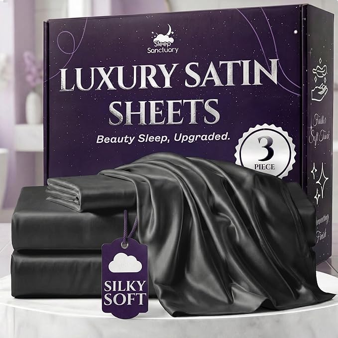 SLEEP SANCTUARY Satin Sheets Twin Size – 3 Piece Luxury Silky Bed Set, Softer Than Silk, 15" Deep Pocket, Cooling & Wrinkle-Free, Moisture-Wicking & Breathable for Hair & Skin (Stone Grey)