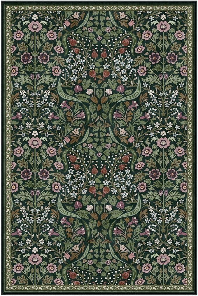 Lahome Claude Floral Living Room Rug, 6x9 Soft Washable Rugs for Bedroom, Thin Green Area Rug for Dining Room, Non Shedding Print Carpet for Guestroom