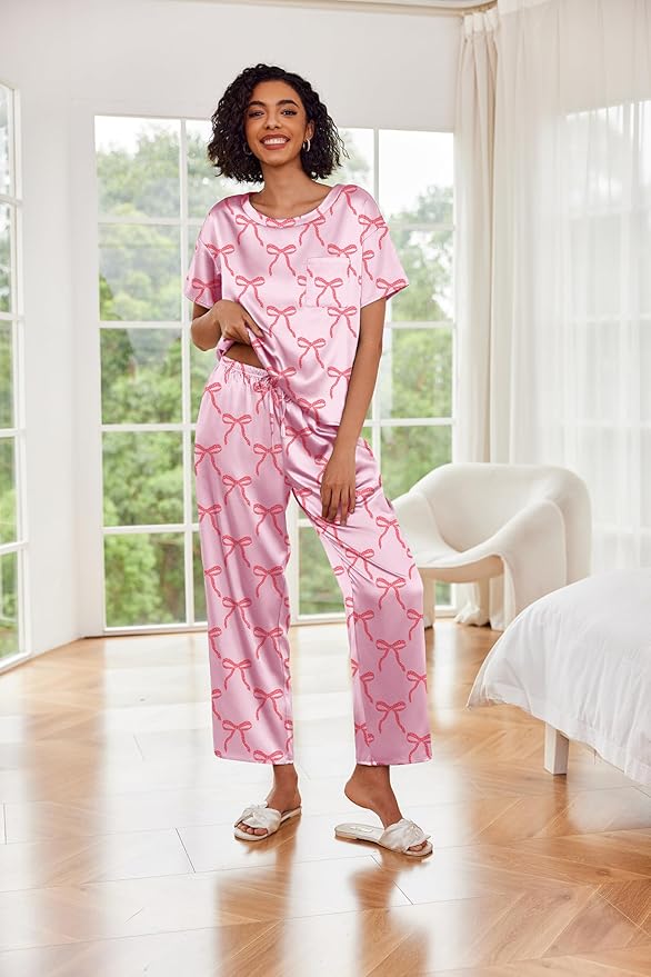 Ekouaer Womens Satin Silky Pajama Set Short Sleeve Shirt with Long Pajama Pant Set Soft PJ Loungewear