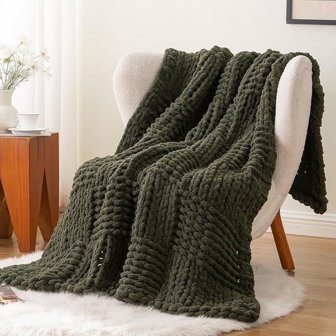 Bunnikins & Clover Olive Green Throw Blanket for Couch, Chunky Knit Blanket Throw with Chenille Yarn for Bed Living Room Home Decor, 50"x60"