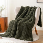 Bunnikins & Clover Olive Green Throw Blanket for Couch, Chunky Knit Blanket Throw with Chenille Yarn for Bed Living Room Home Decor, 50"x60"