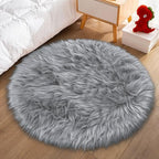 Faux Fur Grey Round Rugs 3ft for Bedroom, Small Fluffy Fuzzy Circle Rug Furry Shag Shaggy Carpet for Living Room Kids Teen Girls Room, Plush Circular Rug for Nursery Room