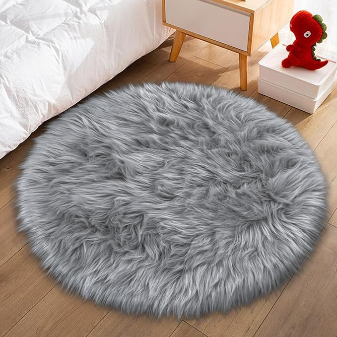 Faux Fur Grey Round Rugs 3ft for Bedroom, Small Fluffy Fuzzy Circle Rug Furry Shag Shaggy Carpet for Living Room Kids Teen Girls Room, Plush Circular Rug for Nursery Room