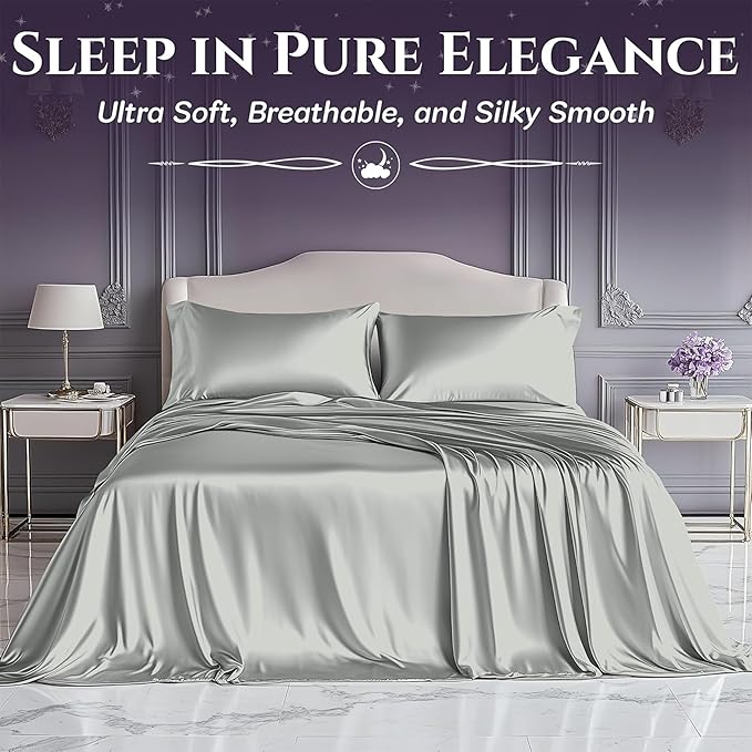 SLEEP SANCTUARY Satin Sheets Queen Size – 4 Piece Luxury Silky Bed Set, Softer Than Silk, 15" Deep Pocket, Cooling & Wrinkle-Free, Moisture-Wicking & Breathable for Hair & Skin (Grey)