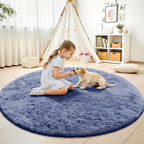OLANLY Denim Blue Round Rugs for Bedroom - Machine Washable, 5 ft Circle Area Rugs for Living Room, Soft and Fluffy Shaggy Carpet for Teen Girl and Boys, Nursery Rooms, Dorms, Home Decor Aesthetic