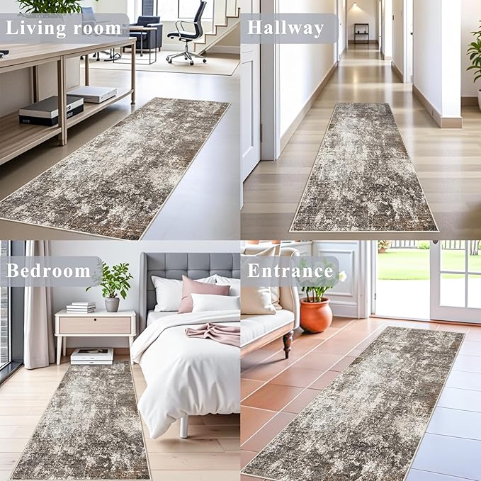 Washable 2x8 Kitchen Rug Runner – Non-Slip Stain-Resistant Soft Carpet Runner for Hallway Entryway Bedroom Bathroom, Modern Abstract Neutral Low-Pile Area Rug (Brown Beige,2x8)