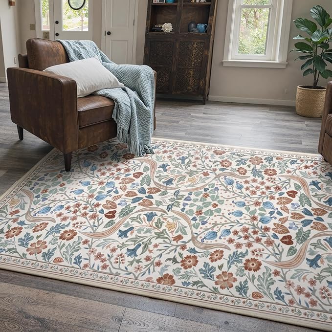 Lahome Claude Floral 3x5 Beige Nursery Rug, Non-Slip Washable Area Rugs for Dorm Bedside Entryway, Botanical Soft Boho Carpet for Kids Room, Entrance Indoor