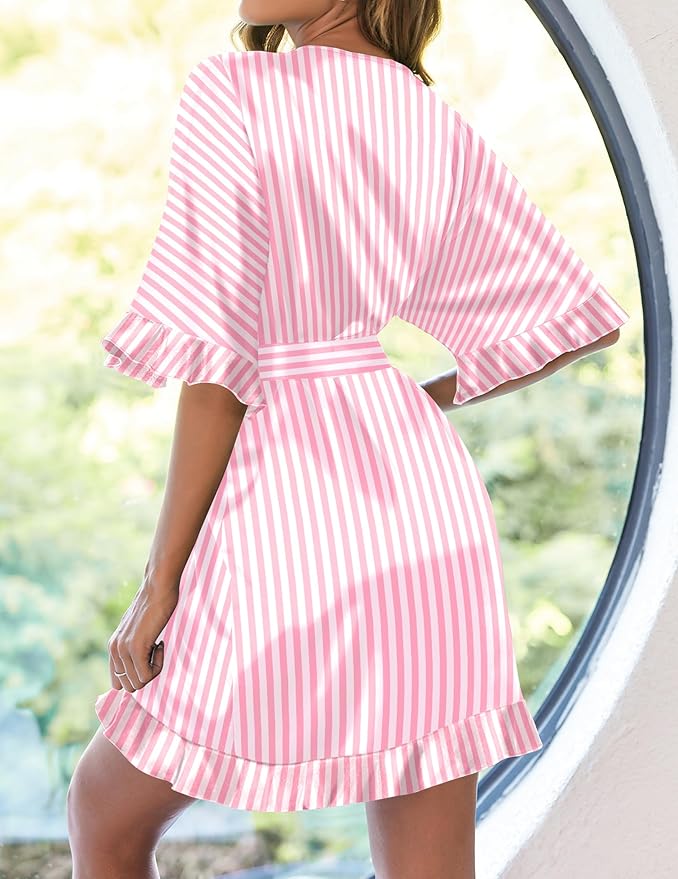 Ekouaer Womens Silk Ruffle Robe Short Satin Kimono Robe Half Sleeve Bathrobe Bridesmaid Wedding Party Dressing Gown