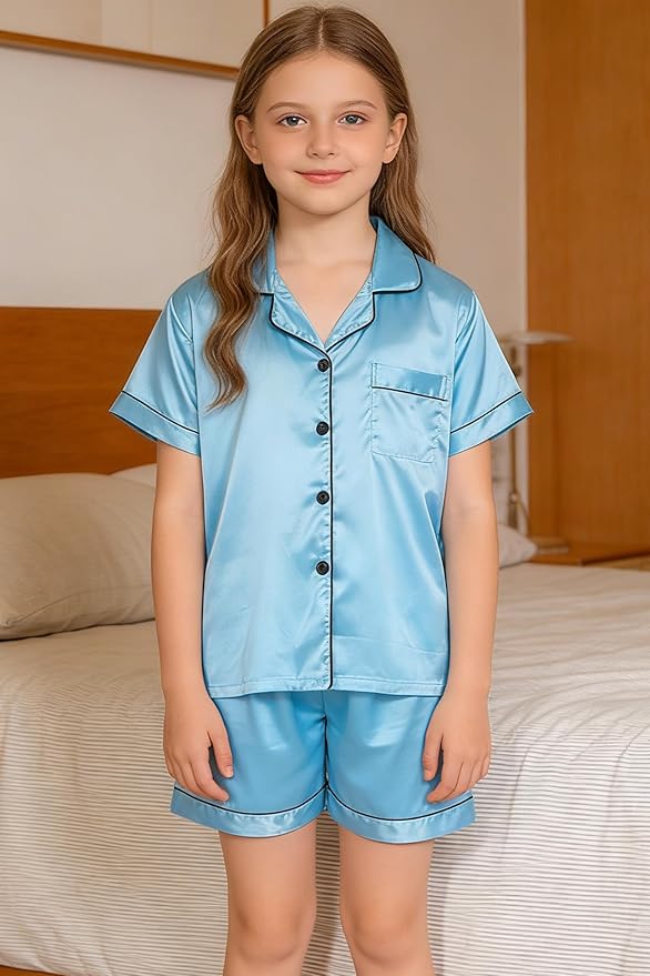 Hupohoi Unisex Girls Boys Kids Pajama Sets Button Down Satin Sleepwear Nighty 3PCS Silky Lounge Sets Nightwear
