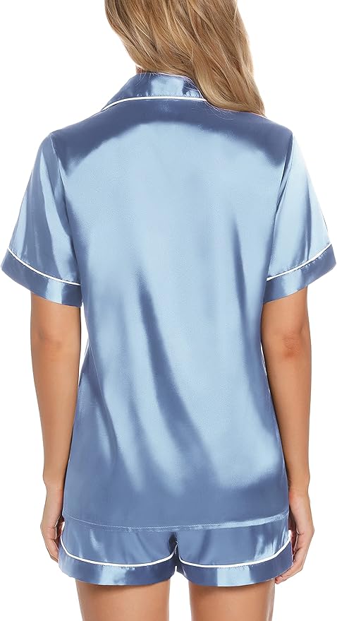 Samring Women's Silk Satin Pajamas Set Short Sleeve Sleepwear Two Piece Button Down Pj Set with Pockets S-XXL